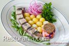 Cold snacks : Home pickled herring with Russian salad and boiled potatoes fried in butter