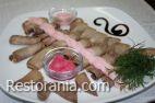 Cold snacks : Language of veal in white and pink sauce